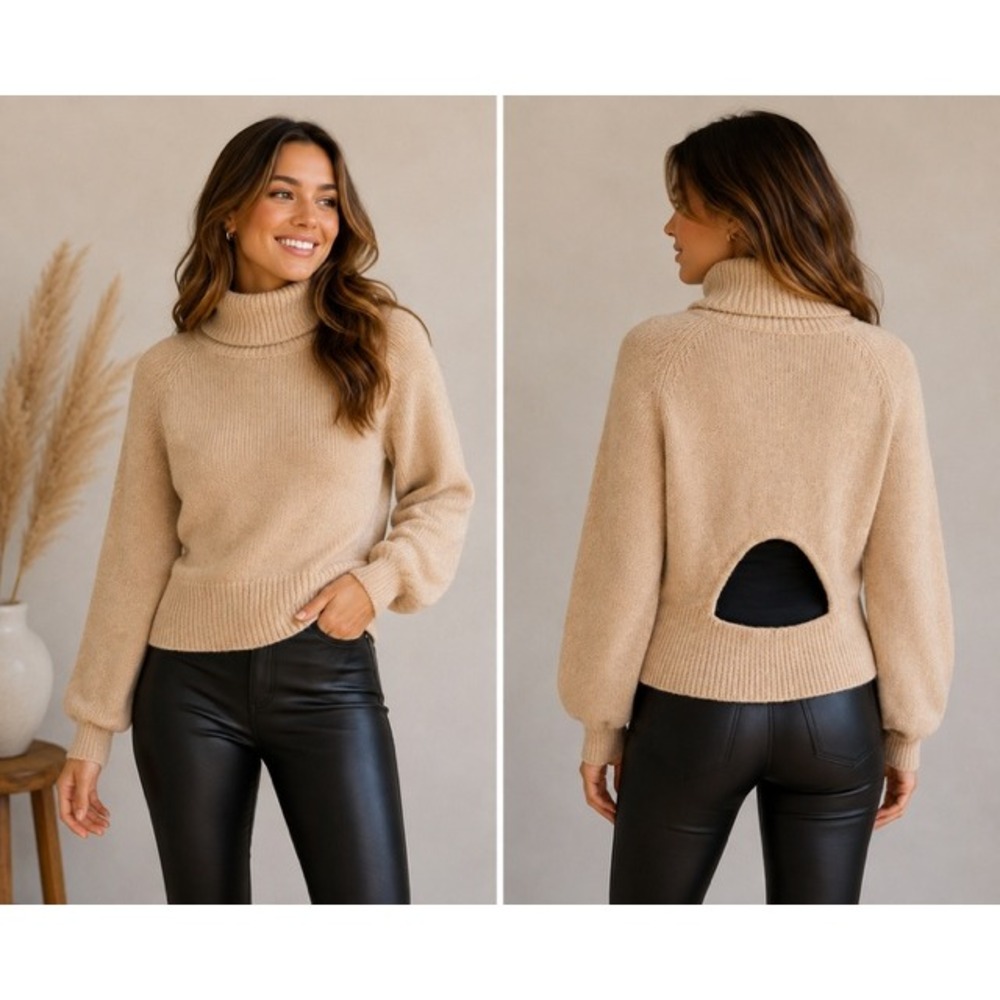 Lulus Tan Open Back Turtleneck Sweater Ribbed Knit Balloon Sleeve Small